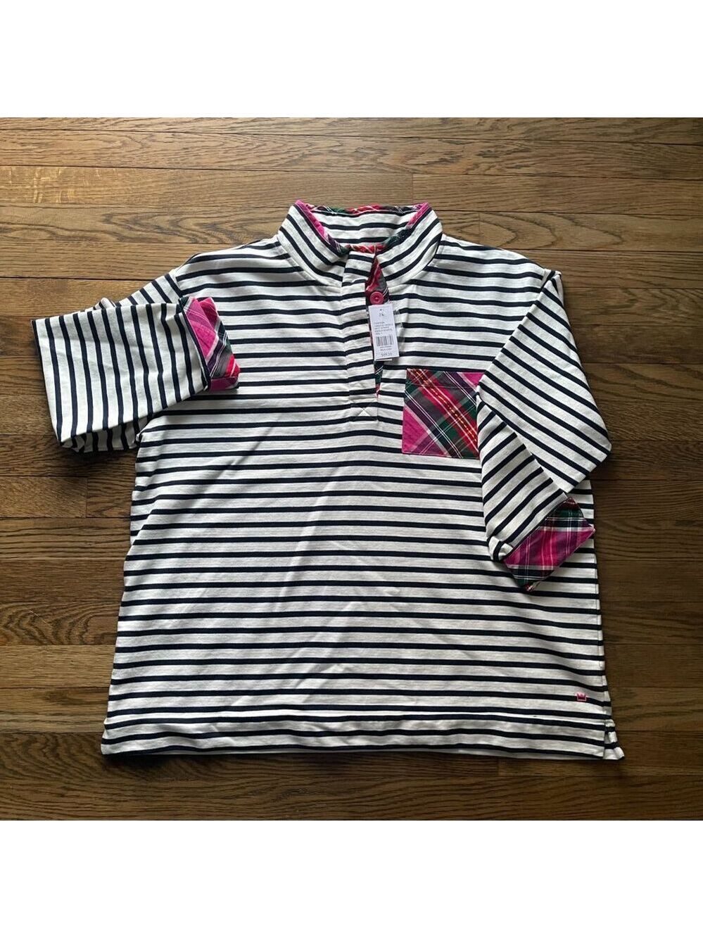 Crown & Ivy 2X Striped Funnel-Neck Pullover w/ Plaid Trim – Holiday Cozy
